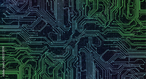 Abstract digital circuit board pattern with glowing lines.