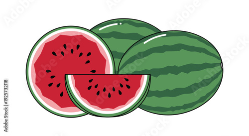 Illustration of whole and sliced watermelons with vibrant red flesh and green rind