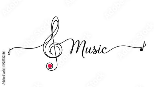 Musical theme with treble clef and music text in a hand-drawn line style with small notes and a red dot detail on white.