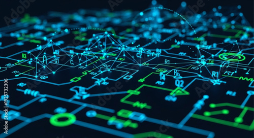 Abstract digital circuit board glowing with blue and green lights.