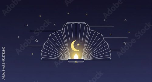 Abstract crescent moon and star in a fan-shaped structure.