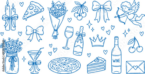 Valentine's day celebration icons with wine food flowers and gifts on white background