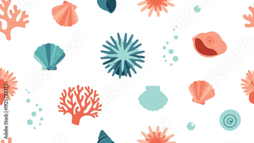 Underwater sea life pattern with various shells, coral branches, sea urchins, and bubbles on a clean white background.