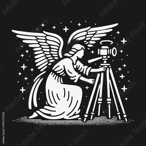 Angelic Filmmaker: Capturing Celestial Visions with Vintage Camera.