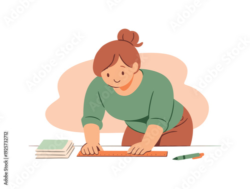 Warm person leans over a table aligning a ruler carefully as stacked papers and a pen sit calmly nearby on white space. | placing