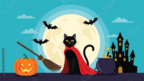 Spooky Halloween illustration with a black cat wearing a red cape next to a carved pumpkin and a haunted castle.