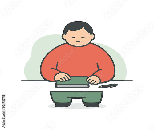 Nearby person closes a notebook at a desk, cover lowered gently, pen aside, pages aligned, pause marking end of workday calmly.