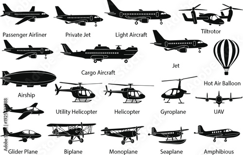 Aircraft type silhouette illustration set, aviation vehicle artwork, airplane helicopter vector design, flight graphic icon, black white transport symbol