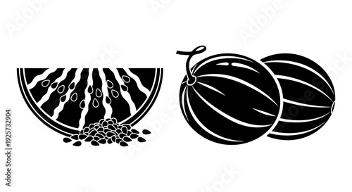 Black and white illustration of watermelons including a sliced piece and seeds