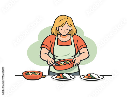 Sunny person serves food onto plates at a table, lifting a dish carefully as portions are placed evenly with calm focus. |