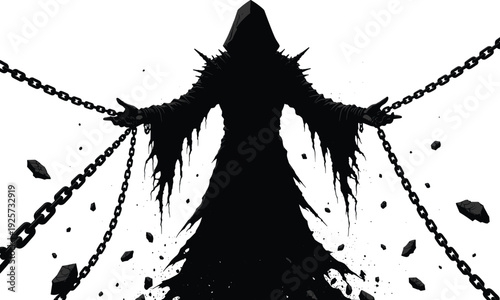 Dark hooded figure silhouette illustration, fantasy supernatural artwork, broken chain vector design, power liberation graphic icon, black white ominous symbol