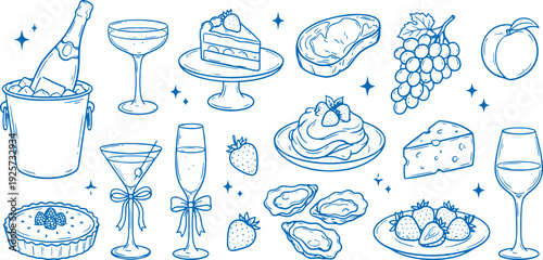 Blue line drawings of champagne dessert and fruit for party celebration or special occasion