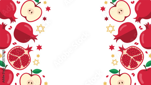 Jewish holiday frame design with apples, pomegranates, and Stars of David on a white background for Rosh Hashanah.