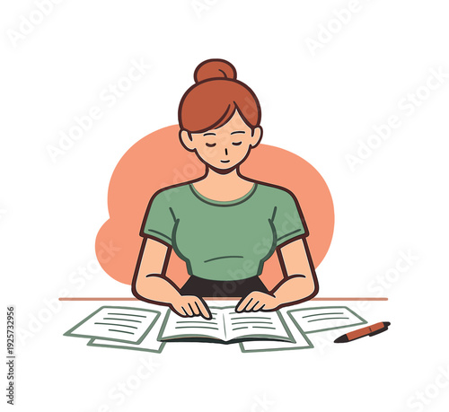 Calm person reviews notes at a desk, pages spread neatly, pen resting nearby, eyes scanning lines in calm focus. | reviewing