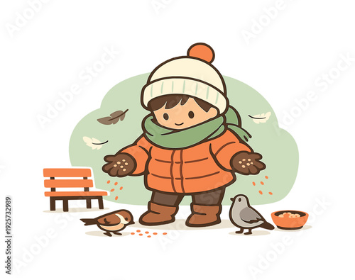 Warm child feeds birds in a park, weight shifting as hands open and feathers brush the air nearby | child birds park, flat vector