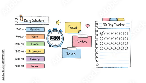 Daily schedule timeline with time blocks, timer and notebook page scraps, sticky notes and progress dots for 30 day tracker with