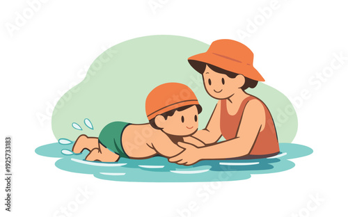 Child Swimming Lesson. Warm child learns to swim with support, weight shifting as the helper adjusts grip and water laps gently |