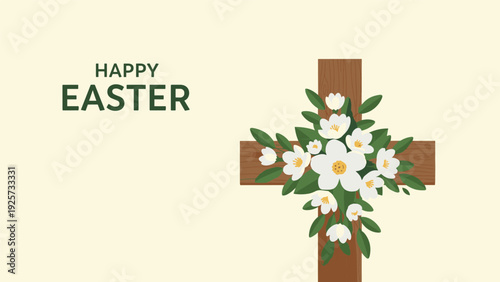 Religious Happy Easter greeting featuring a wooden cross decorated with a cluster of delicate white spring flowers.