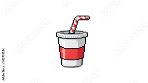 Retro pixel art of a white soda cup with a red stripe and a red and white diagonal striped straw on white backdrop.