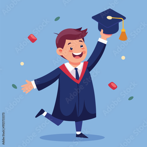 Happy young student celebrating university graduation holding up a cap with falling confetti