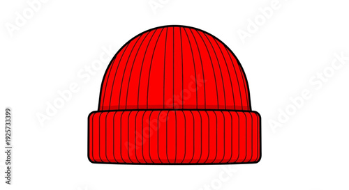 Illustration of a bright red ribbed knit beanie hat on a white background