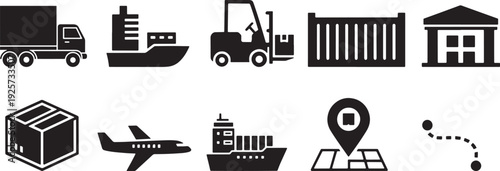 Logistics icon set. delivery truck, cargo ship, forklift, shipping container, warehouse, cardboard box, airplane, cargo vessel, location pin, route path. Vector illustration