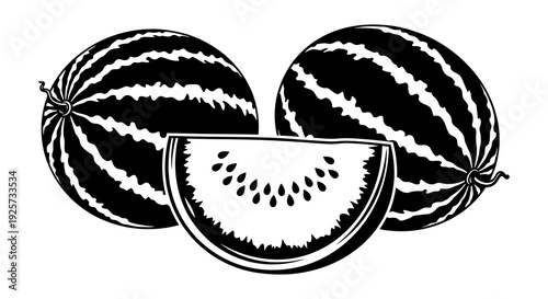 Black and white illustration of three watermelons two whole and one sliced