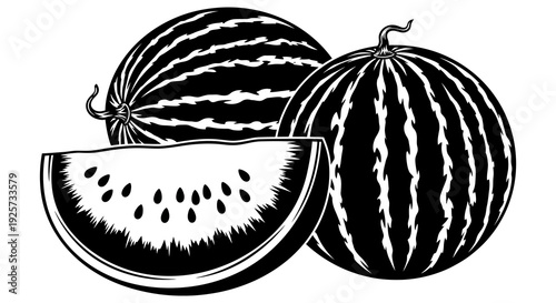 Black and white illustration of three watermelons one sliced open