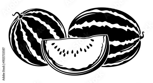 Black and white illustration of three watermelons including a sliced piece