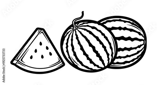 Black and white illustration of whole and sliced watermelons on a white background