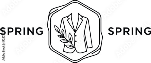 Minimalist line art logo design featuring a tailored blazer icon adorned with a delicate leafy sprig surrounded by the word spring signaling seasonal fashion change.