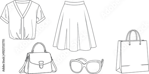 Fashion flat sketch collection featuring a stylish tied-front blouse, flared midi skirt, structured handbag, oversized sunglasses, and a retail shopping bag outline.