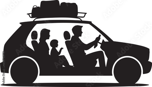 Family traveling by car, people packed with luggage, road trip vacation, journey