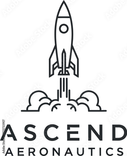 Minimalist black line art logo design prominently featuring a vertical ascending rocket taking off with stylized exhaust smoke underneath the company name ascend aeronautics.