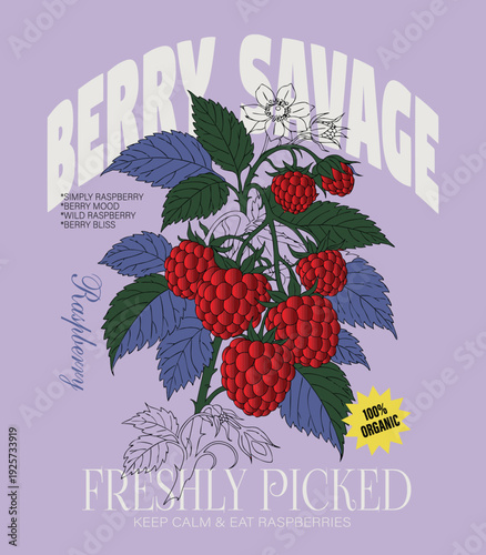 Berry Savage Typography with Raspberries fruit illustration vector graphic for girl's women's tee t-shirt sweatshirt artwork purpose