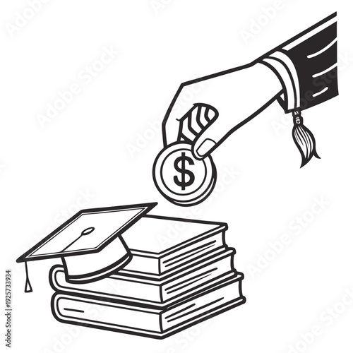 Graduation hand dropping dollar coin on academic books and cap symbolizing education investment