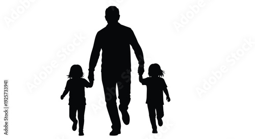 Silhouette of a father walking hand in hand with two young daughters