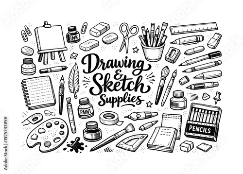Drawing and sketch supplies set, hand drawn doodle elements set, center hand-lettered title, black & white vector line art, bold