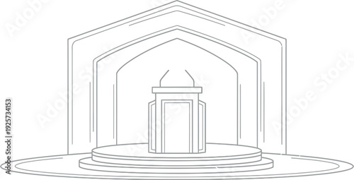 Minimalist line art illustration depicting an empty podium situated upon a tiered stage within an ornate architectural frame suitable for presentations or speeches.