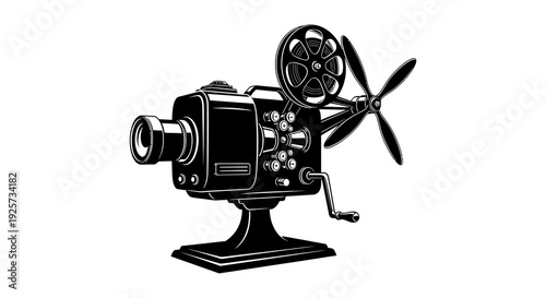 Vintage film projector illustration in black and white side view with detailed components