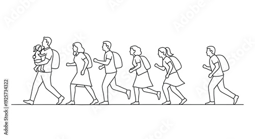 Line drawing of a group of people walking with backpacks including a parent with a child