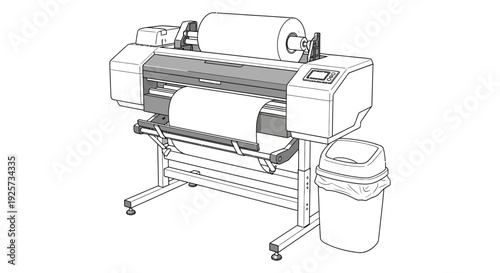 Illustration of a large format printer with a roll of paper and collection bin
