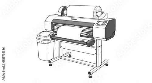 Illustration of a large format inkjet printer with roll paper and stand