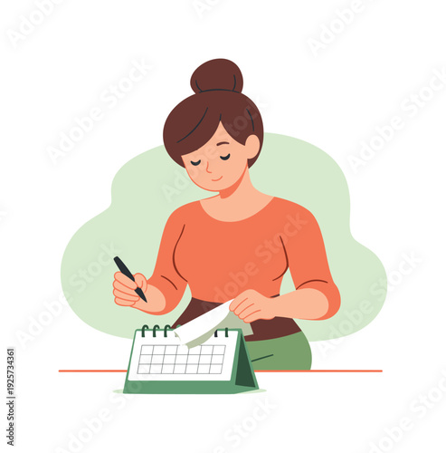 Calm person checks a calendar on a desk stand, pages flipped halfway, pen paused mid air, quiet focus held. | checking calendar