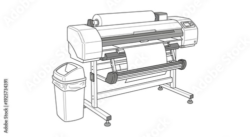 Line drawing of a large format plotter printer with a wastebasket