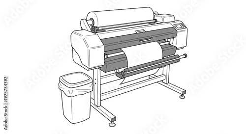 Line drawing of a large format plotter printer with a waste bin nearby