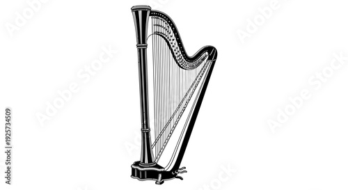 Detailed illustration of a classic concert harp on a white background