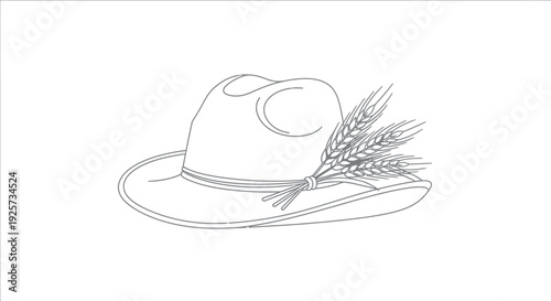 Black and white line art drawing depicts a classic cowboy hat adorned with a small bundle of tied wheat stalks representing agriculture and harvest themes.