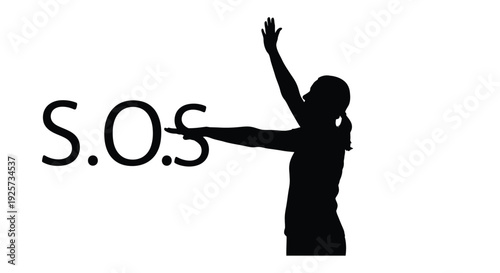 Silhouette of a woman reaching up next to the letters sos