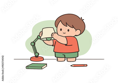 Gentle child adjusts a lamp shade with both hands while a book and pencil lie evenly spaced on the desk. | child desk lamp, flat